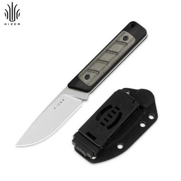 Kizer Smolt Fixed Blade with Kydex Sheath 1063A6 , 2.93" 14C28N Blade G10 + Micarta Handle Drop point EDC Pocket Knife, Black & Green