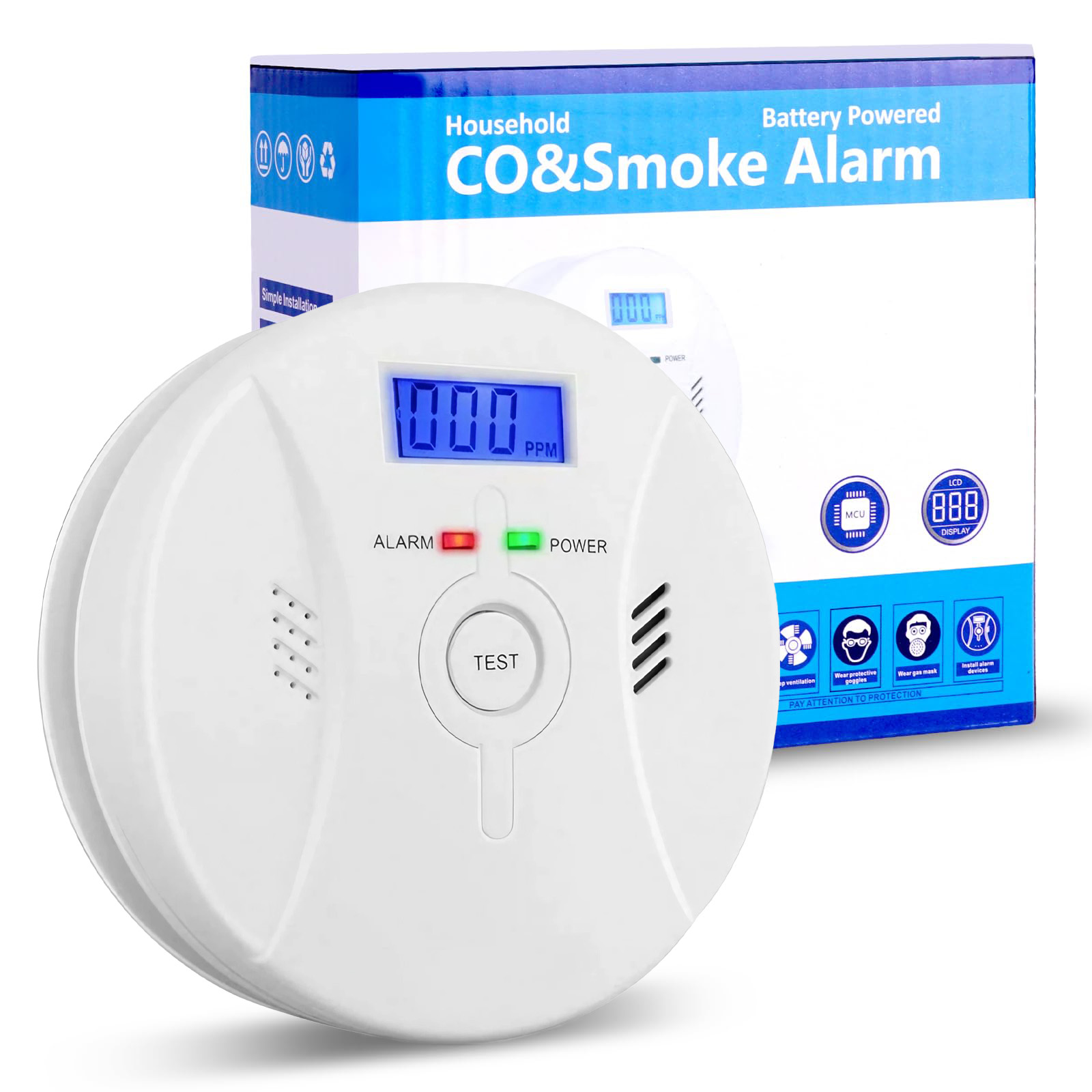 Kizocay Carbon Monoxide and Smoke Alarms, TestHush Button Wireless CO