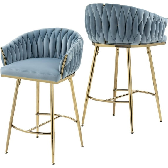 Kiztir Velvet Bar Stools Set of 2, Counter Height Bar Stools with Gold Metal Legs, Modern Bar Stools with Woven Back and Footrest for Kitchen Island, Cafe, Pub (Blue, Set of 2)