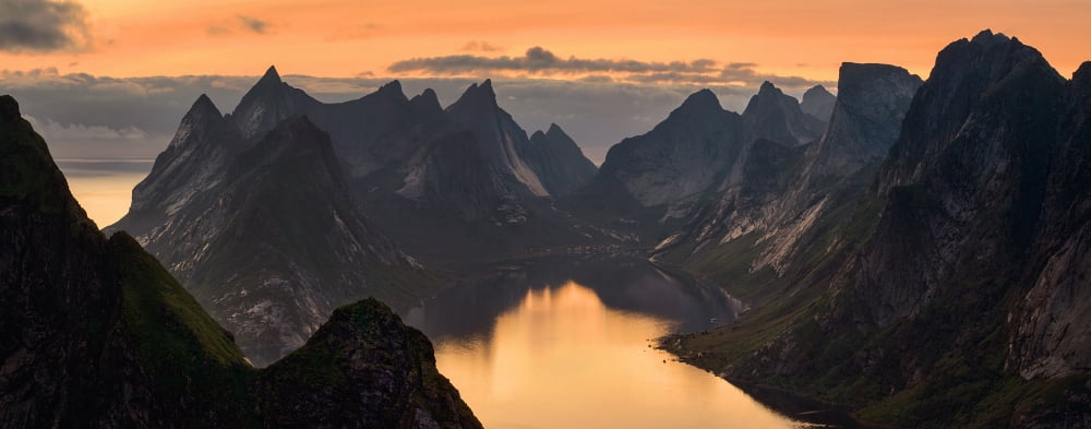 Kjerkfjorden among dramatic mountain ridges at sunset Lofoten Nordland Norway Canvas Art - Panoramic Images (12 x 30)
