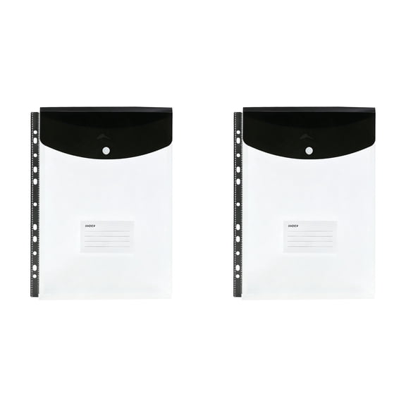 Kjfeif 2Pcs Plastic Binder Pocket with 11 Holes & Snap Button - Letter Size Top-Loading Expandable Extra Capacity Envelope for 2/3/4 Ring Binder, Matte Design, Black