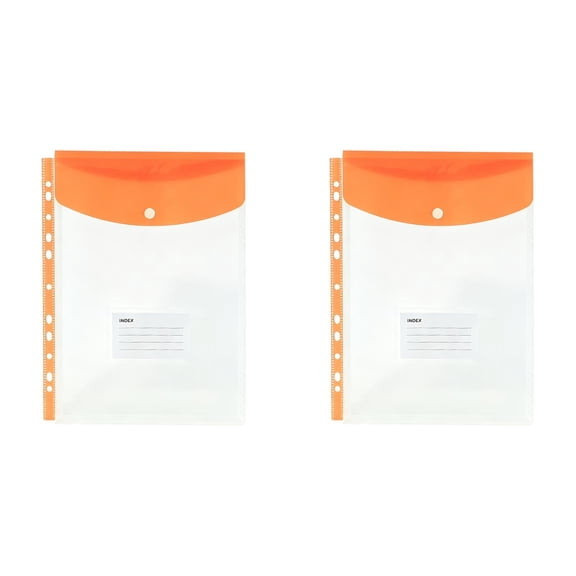 Kjfeif 2Pcs Plastic Binder Pocket with 11 Holes & Snap Button - Letter Size Top-Loading Expandable Extra Capacity Envelope for 2/3/4 Ring Binder, Matte Design, Orange