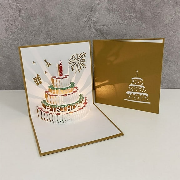 Kjislet 3D Birthday Cards,Warming LED Light Birthday Cake Voice Recordable Happy Birthday Card Postcards Greeting Cards for Mom,Wife,Sister,Boy,Girl,Friends - Gol