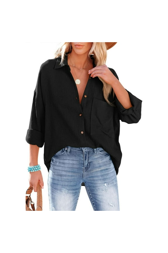 Women's Muslin Long-Sleeve Shirt, Cotton Casual Blouse Top