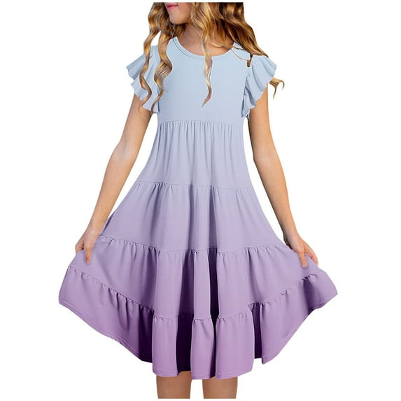KkSLirnhs 10 Years Girls Dresses under $10.00 Fashion Girls' Summer New Short Sleeve Ruffled Pockets Round-Neck Printed Dress Purple