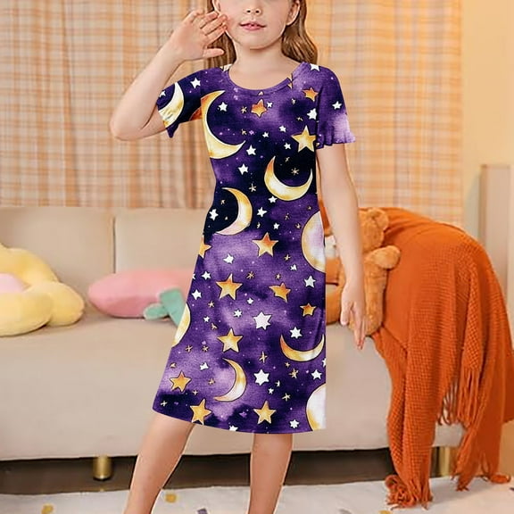 KkSLirnhs 110 Girls Pajamas Size 7-8 Breathable Girls' Sleep T-Shirt Dress – Short Sleeves, Playful Look, Easy Care Multicolor