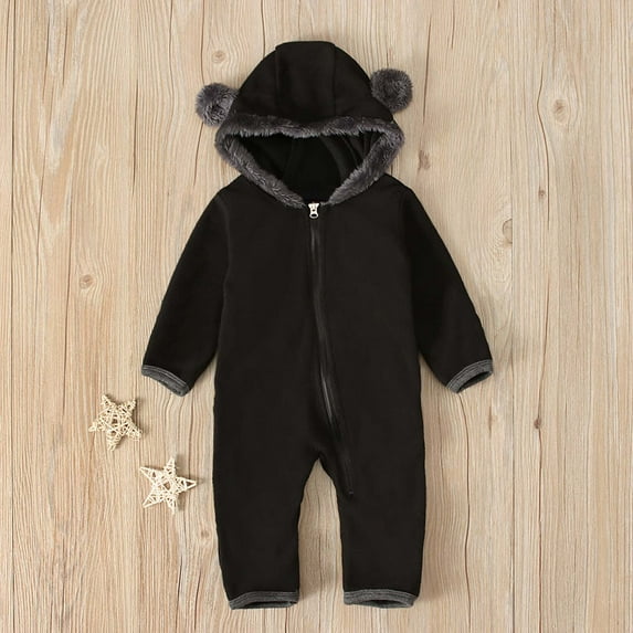 KkSLirnhs 12-18 Months Baby Clothing Sets Outfits Set infant Baby Girls Boys Solid Ears Hoodie Romper Clothes Fleece Jumpsuit Black