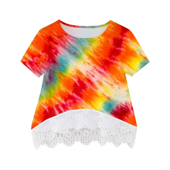 KkSLirnhs 5-6 Years Summer Tops Girl Graphic Girls Shirt CrewNeck Layered Floral Print Short Sleeve Cute Kids Blouse Lace Tee Tunic Blouse for Teen Girls Multicolor