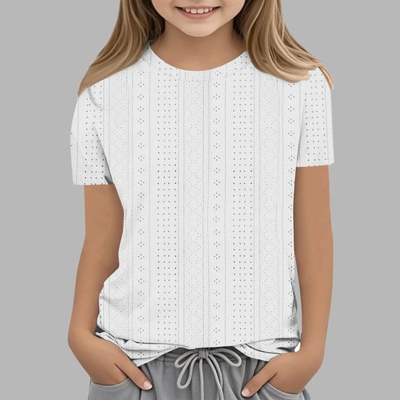 KkSLirnhs 5-6Y Girls Clothes Clearance under $10 Children's Fashion Solid Color 3/4 Sleeve Round Neck Tops/shirt White