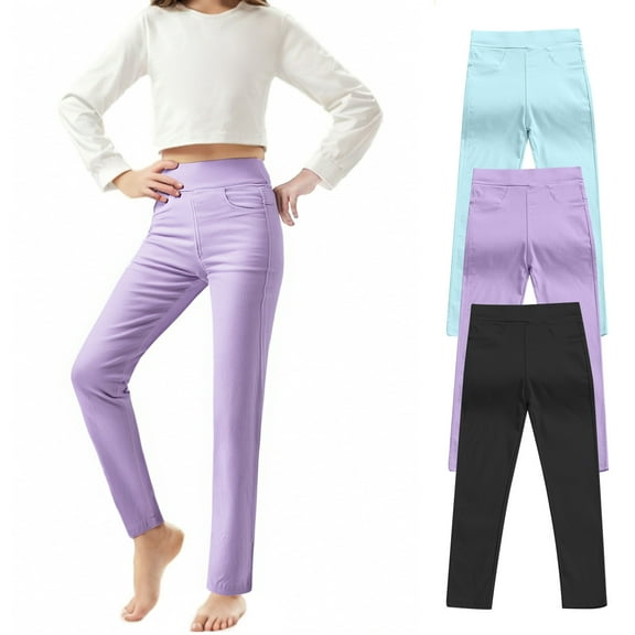 KkSLirnhs 5 Years 3PC Summer Girls' Athletic Leggings Pack, Quick-Dry & Breathable, Elastic Waist for Comfort, Perfect for Running, Yoga, or Lounging, Sizes 8-16 Purple