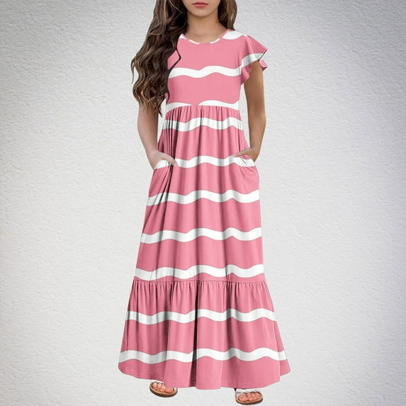KkSLirnhs 6 Years Girls Gresses $ 5.00 Summer Short Sleeve Round Neck Print Puff Sundress-Ruffle Flared Mesh Princess Dress Adorable for School Party Performances Pink
