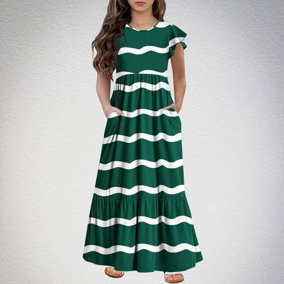 KkSLirnhs 6 Years Girls Gresses $ 5.00 Summer Short Sleeve Round Neck Print Puff Sundress-Ruffle Flared Mesh Princess Dress Adorable for School Party Performances Green