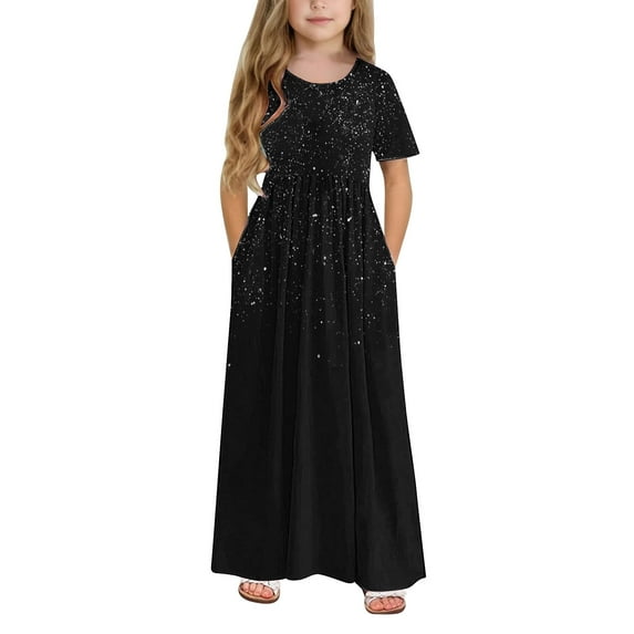KkSLirnhs 7Y Girls Dresses 6-12 Girls Dresses Size 10 Tie-Dye Swirl Pattern Girls' Dress - Colorful Gradient Short Sleeve Midi Length Casual Summer Wear Black