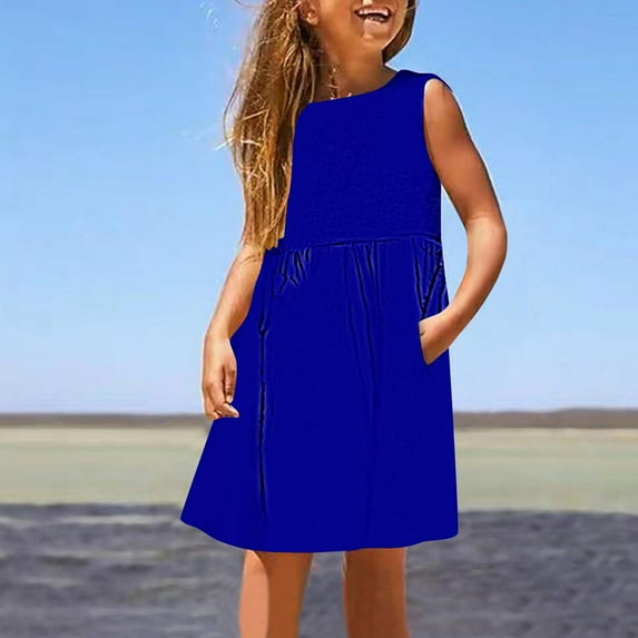 KkSLirnhs 8 Years Girls Dresses Clearance under $10.00 Kids Little Girls Dress Daily Holiday Vacation Print Sleeveless Casual Cute Sweet Dresses Blue