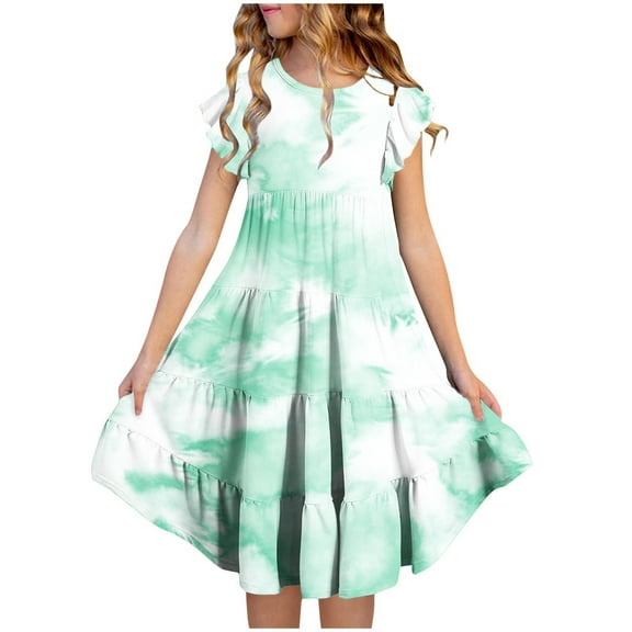 KkSLirnhs 8Y Girls Dresses 6-12 Girls Dresses Size 10 Kids' Watercolor Tie-Dye Summer Dress - Colorful Gradient Print Short Sleeve Midi Dress with Ruffled Hem Green