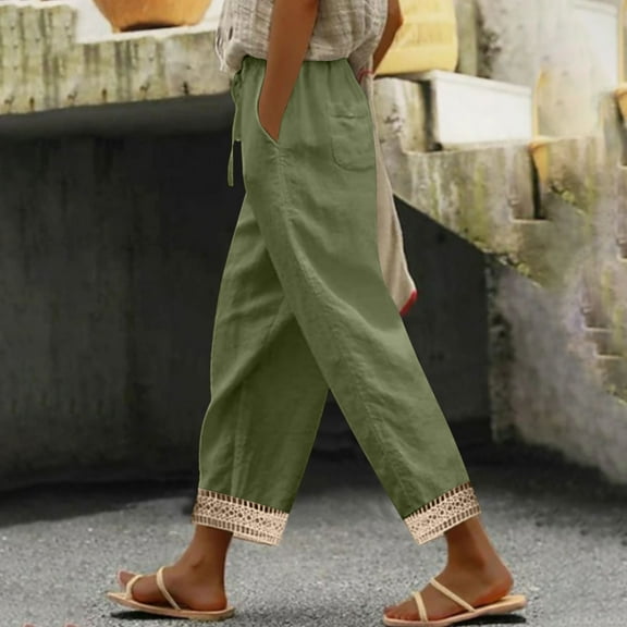 KkSLirnhs Cargo Pants for Women Plus Size Women's Solid Color Linen lace Waist Elastic Drawstring with Pocket Pants Long Pants Green L