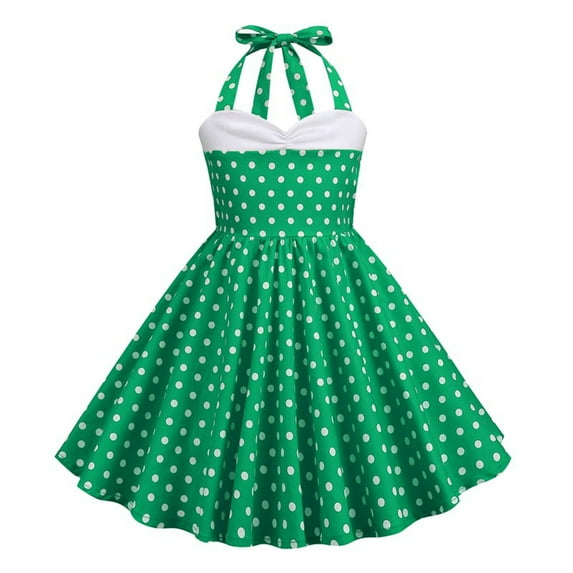 KkSLirnhs Dresses for Girls 14/16 Girl's Summer Neck Hanging Waist Spliced Polka Children's Dress 120 Green