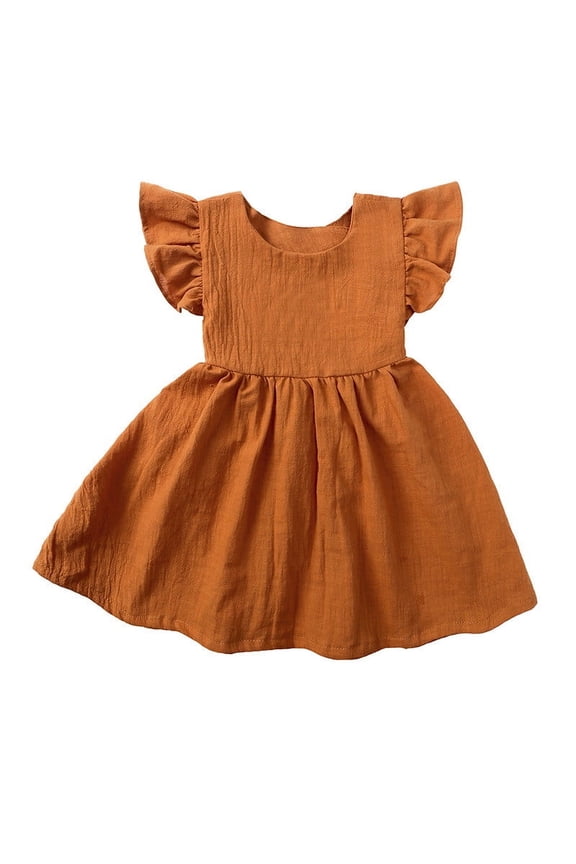 KkSLirnhs Dresses for Girls 14/16 Girls' Summer and Linen Solid Color Bow Flying Sleeve Dress 3 Years Orange