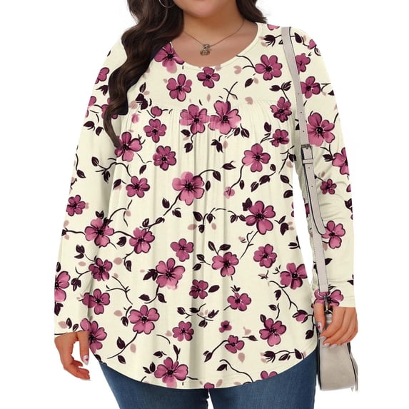 KkSLirnhs Fall Trendy Tops Plus Size Tunic Tops Women Casual Floral Print Round Neck Plus Size Large Size Fold Long Sleeve Blouse Top T Shirts XXXL Multicolor