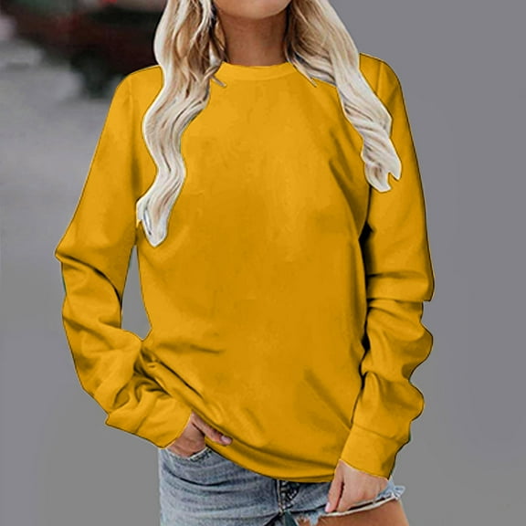 KkSLirnhs Fall Trendy Tops Plus Size Women's Solid Color Round Neck Long Sleeved Regular Pullover Hoodie Top T Shirts Blouse XXXXL Gold