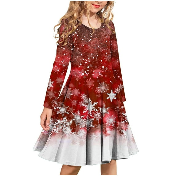 KkSLirnhs Girls Dresses 10-12 Girls Long Sleeve Stretchy Dress A Line Twirly Skater School Recital Dress Long Sleeve Round Neck Dress 9 Years Red