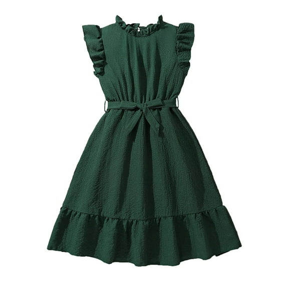KkSLirnhs Girls Dresses 10-12 Summer Solid Color Fashionable Sweet Short Sleeve Round-Neck Dress 11 Years Green