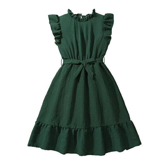 KkSLirnhs Girls Dresses 10-12 Summer Solid Color Fashionable Sweet Short Sleeve Round-Neck Dress 12 Years Green