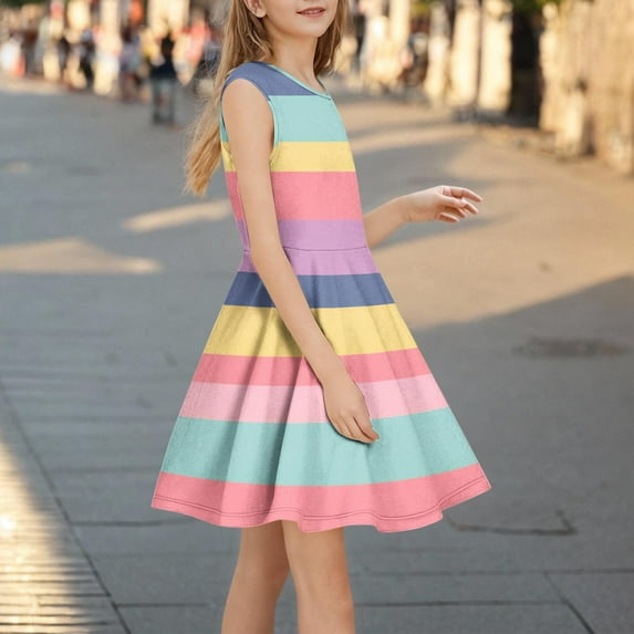 KkSLirnhs Girls Dresses 7-8 Sleeveless Stretchy Dress A Line Twirly Skater School Recital Dress Short Sleeve Round Neck Dress 4 Years Pink