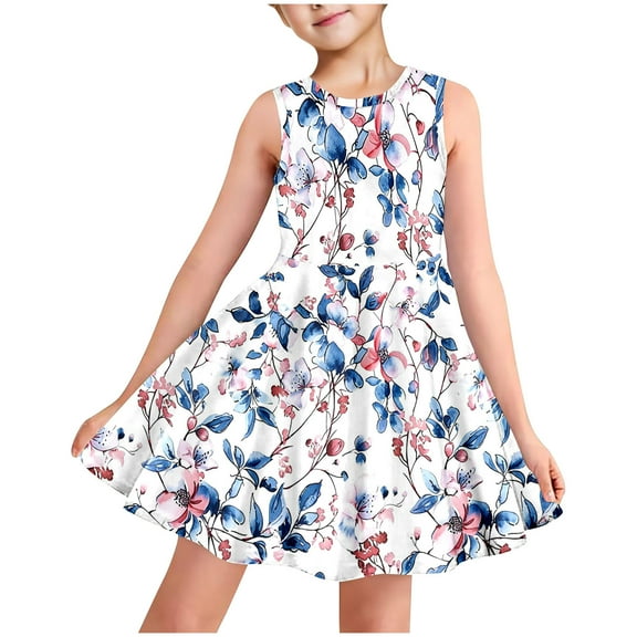 KkSLirnhs Girls Dresses Size 14-16 Fashionable Full-print Children's Round-Neck Sleeveless Dress with Pockets for Middle and Large Children 11 Years Multicolor