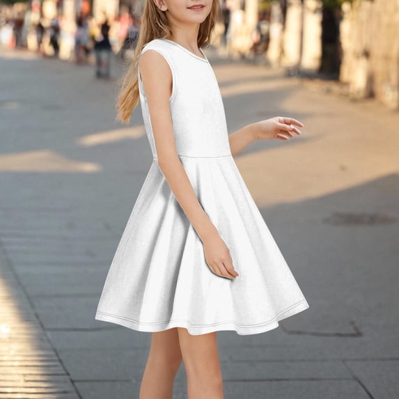 KkSLirnhs Girls Dresses Size 14-16 Sleeveless Stretchy Dress A Line Twirly Skater School Recital Dress Short Sleeve Round Neck Dress 4 Years White