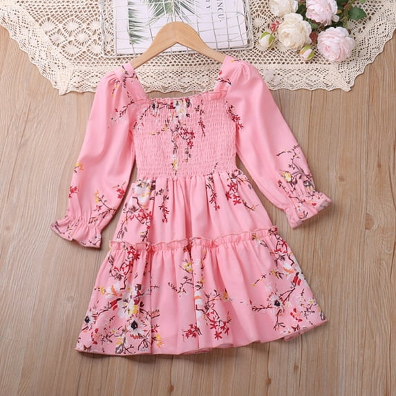 KkSLirnhs Infant Girls Clothes New Printed Long Sleeve Floral Pattern Round Neck Long SleevedDress Pink 100