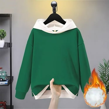 KkSLirnhs Little Girls Clothes Clearance New Trendy Boy Children Casual Long Sleeve Tops Solid Color Fake Two-Piece Hooded Sweatshirt Green 7Y
