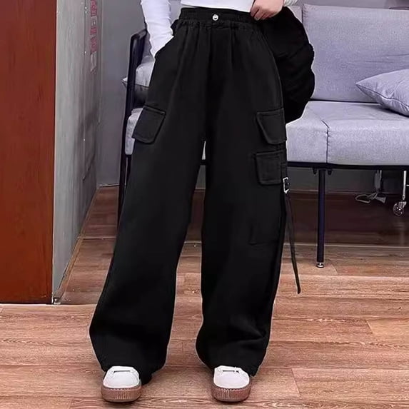 KkSLirnhs Pants for Girls 10-12 Girls' Work Pants Style Straight Leg Pants For Children Mid Size Casual Wide Leg Pants For Children 10 Years Black