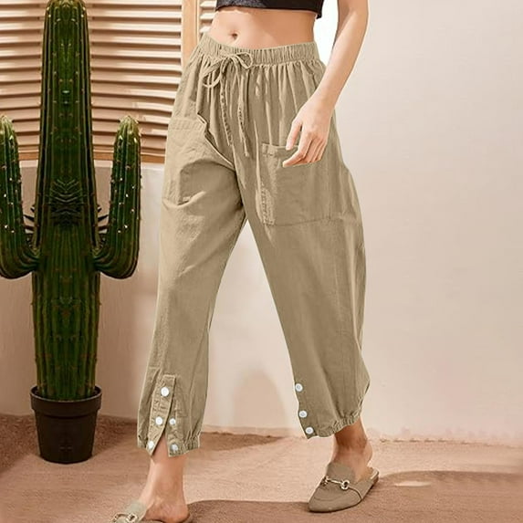 KkSLirnhs Pants for Women Jeans Woman Summer Solid Color Elastic Waist Drawstring Pockets Button Slit Trousers Length Pants Brown M