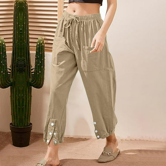 KkSLirnhs Pants for Women Jeans Woman Summer Solid Color Elastic Waist Drawstring Pockets Button Slit Trousers Length Pants Brown M