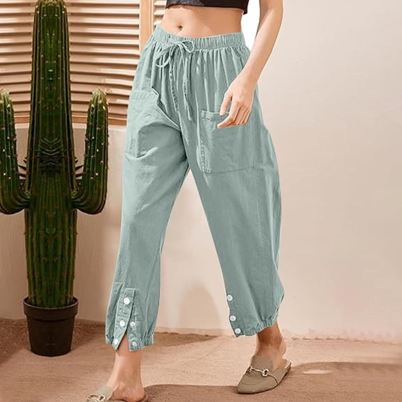 KkSLirnhs Pants for Women Jeans Woman Summer Solid Color Elastic Waist Drawstring Pockets Button Slit Trousers Length Pants Gray XL
