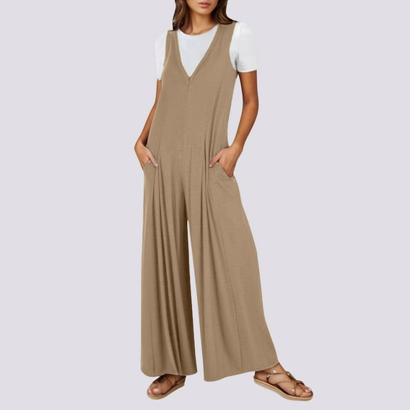 KkSLirnhs Pants for Women Jeans Women's Solid Color Casual Summer Sports Sleeveless Two Pocket Jumpsuit Skirt Pants Brown M