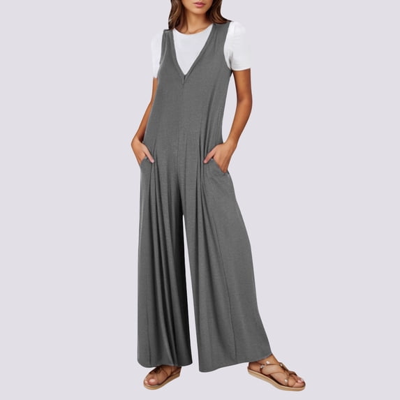 KkSLirnhs Pants for Women Jeans Women's Solid Color Casual Summer Sports Sleeveless Two Pocket Jumpsuit Skirt Pants Gray L