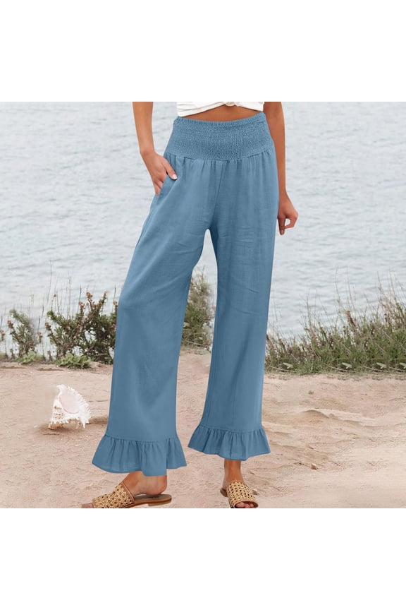 KkSLirnhs Pants for Women Plus Size Woman Fashion Solid Color Ruffle Elastic Waist High Waist Long Pants Blue XXL
