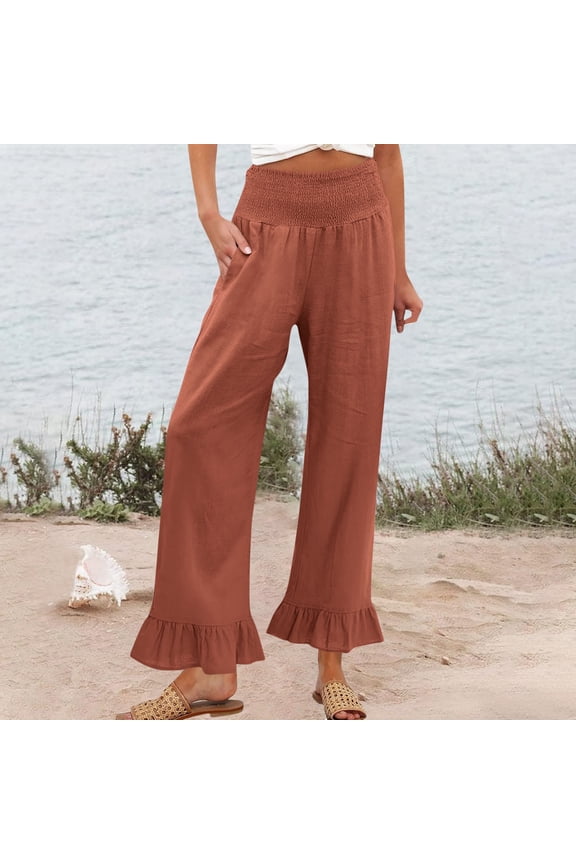 KkSLirnhs Pants for Women Plus Size Woman Fashion Solid Color Ruffle Elastic Waist High Waist Long Pants Orange XXL