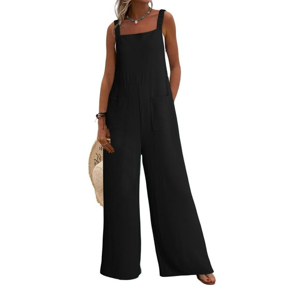 KkSLirnhs Pants for Women Plus Size Womens Fashion Summer Solid Pocket Casual Sleeveless Suspender Jumpsuit Black XXL