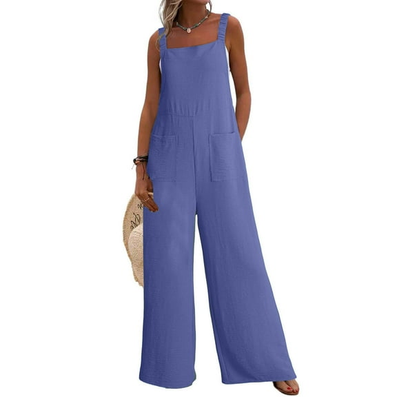 KkSLirnhs Pants for Women Plus Size Womens Fashion Summer Solid Pocket Casual Sleeveless Suspender Jumpsuit Blue XXL