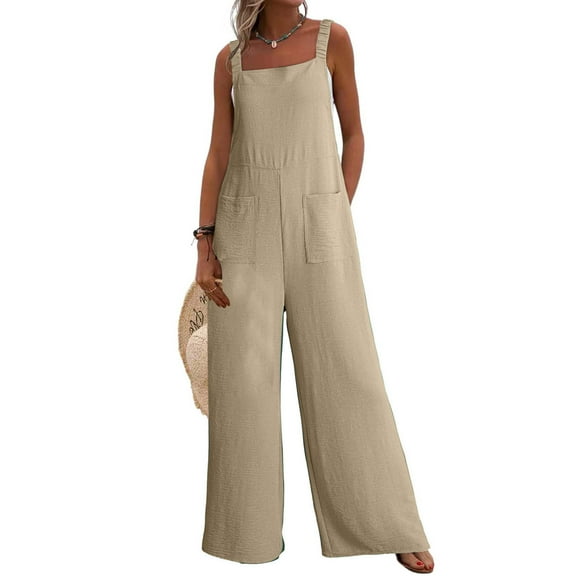 KkSLirnhs Pants for Women Plus Size Womens Fashion Summer Solid Pocket Casual Sleeveless Suspender Jumpsuit Brown M