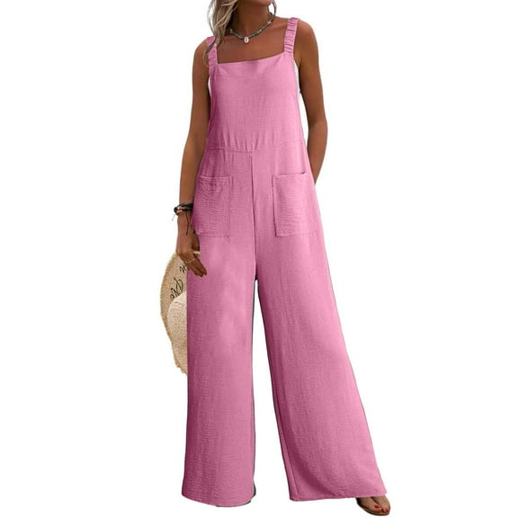 KkSLirnhs Pants for Women Plus Size Womens Fashion Summer Solid Pocket Casual Sleeveless Suspender Jumpsuit Pink XL