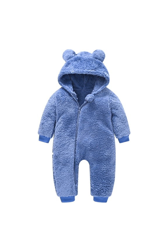 KkSLirnhs Size 0-24M Toddler Baby Boys Girls Color Cute Bear Ears Winter Thick Jumpsuit Romper Blue 6-12 Month