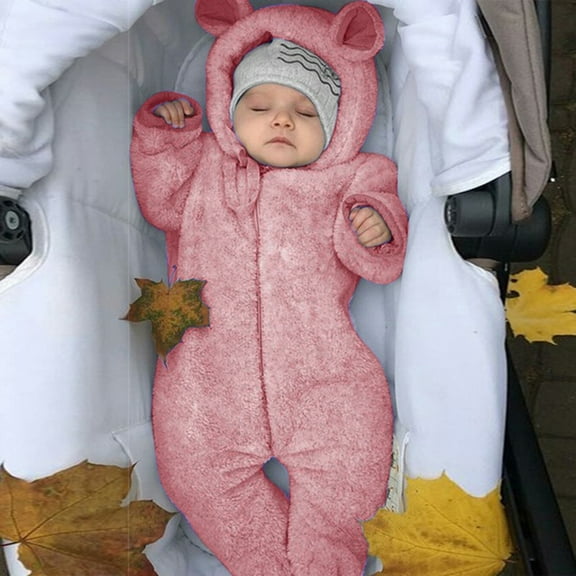 KkSLirnhs Size 1Y-3Y Girls Clothes Clearance under $ 10 Newborn Baby Boy Winter Fleece Jumpsuit Solid Hooded Romper Warm Coat Outwear Pink 60
