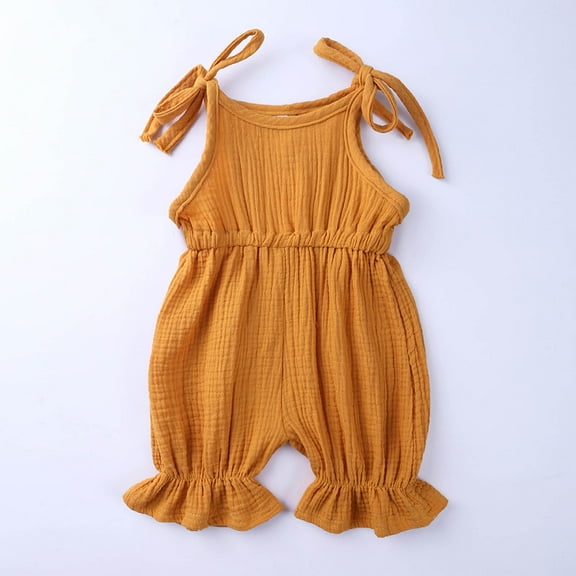 KkSLirnhs Size 1Y-5Y Toddler Infant Baby Jumpsuits Clearance Toddler Baby Girls New Trendy Cute Solid Color Cotton Linen Ruffles Frenulum Jumpsuit Romper Yellow 18-24M