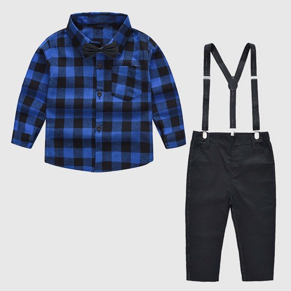 KkSLirnhs Size 2Y-11Y Plaid Shirt Boys Size 6 Toddler Kids Baby Boys Girl Fashion British Style Lattice Pattern Print Long Sleeves Casual Shirt Overalls Suit Blue 4-5Y