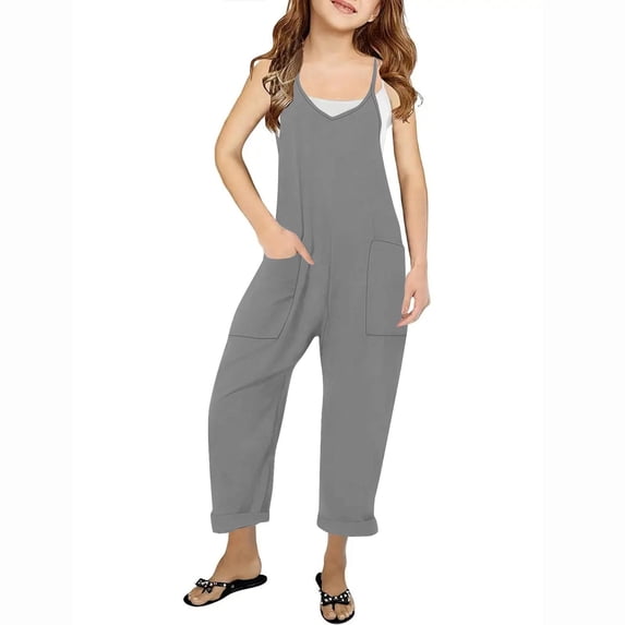 KkSLirnhs Size 6Y-15Y Girls Casual Jumpsuits Sleeveless Summer Rompers Long Pants with Pockets for 5-14 Years Gray 11 Years