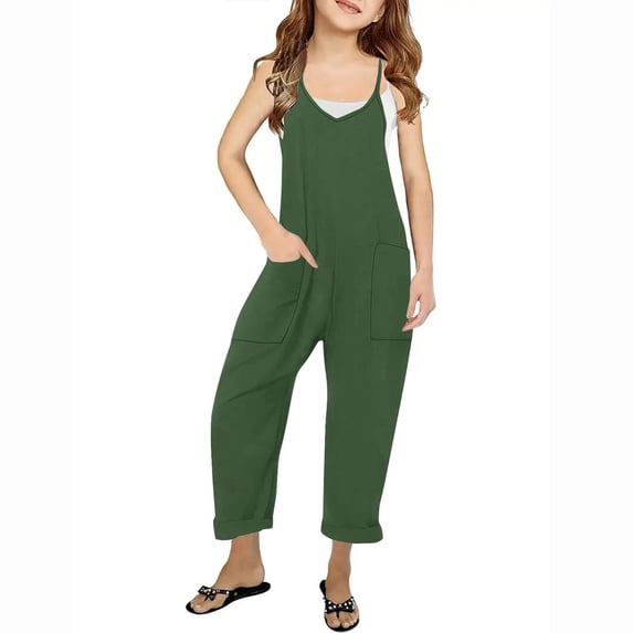 KkSLirnhs Size 6Y-15Y Girls Casual Jumpsuits Sleeveless Summer Rompers Long Pants with Pockets for 5-14 Years Green 11 Years